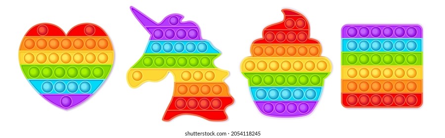 Pop it sensory vector toy. Bubble pop it fidget vector. Popit fidget toy. 3d realistic antistress fidgeting toy Rainbow popular popit shaped as unicorn, heart, funny cupcaKe, and square. 
