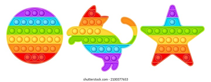 Pop it sensory vector toy. Popit fidget toy. 3d realistic antistress fidgeting toy Rainbow popular popit shaped as a cat, a circle, a star. Bubble pop it fidget vector. 