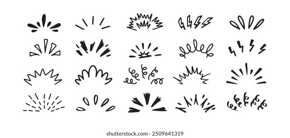 Pop brilhar linha Doodle set. Sunburst desenho mão desenhado elementos. Ilustração vetorial