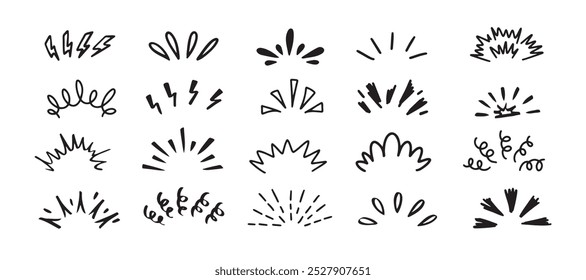 Conjunto de Doodle de línea de brillo Pop. Sunburst dibujando Elementos dibujados a mano. Ilustración vectorial