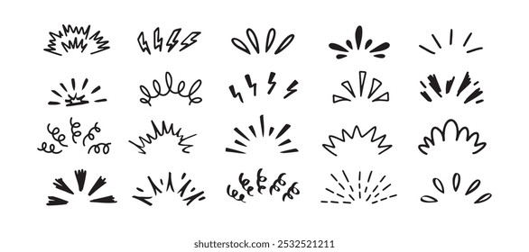 Conjunto de Doodle de línea de brillo Pop. Sunburst dibujando Elementos dibujados a mano. Ilustración vectorial