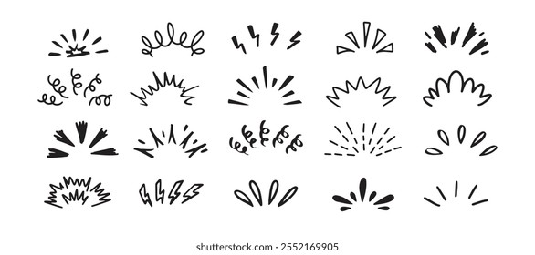 Pop shine line Doodle set. Sunburst drawing hand drawn elements. Vector illustration