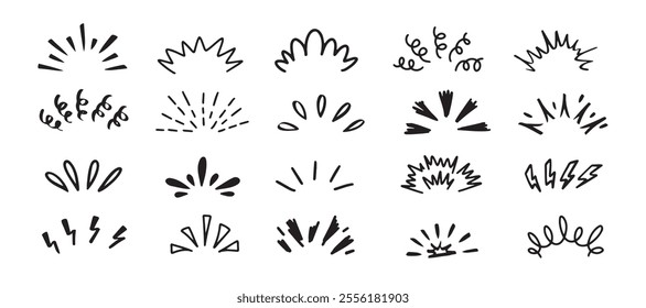 Pop shine line Doodle set. Sunburst drawing hand drawn elements. Vector illustration