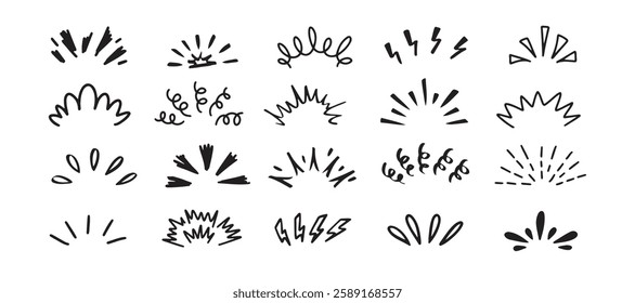 Pop shine line Doodle set. Sunburst drawing hand drawn elements. Vector illustration