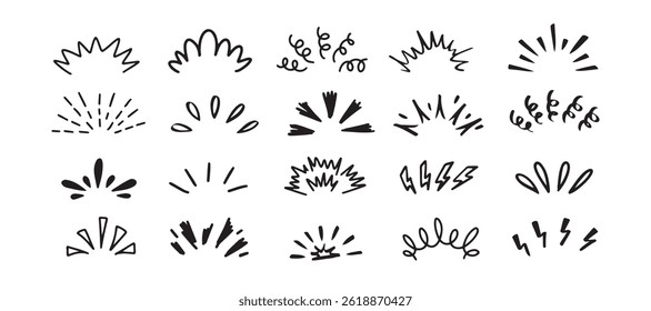 Conjunto de Doodle de línea de brillo Pop. Sunburst dibujando Elementos dibujados a mano. Ilustración vectorial
