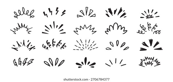 Pop brilhar linha Doodle set. Sunburst desenho mão desenhado elementos. Ilustração vetorial
