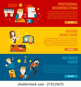 Pop singer banner set with record studio and album tours flat elements isolated vector illustration