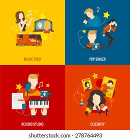 Pop singer design concept set with music tour record studio celebrity flat icons isolated vector illustration