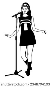 Pop Singer Girl 60s. Black and white ink style vector clipart. Microphone with stand is the separate object.