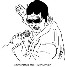 Pop singer holding microphone   singing in style  cartoon doodle drawing rock star  vector   illustration an Indian pop singer singing in style