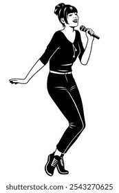 Pop Singer Woman in Skinny Trousers. Black and white vector clipart isolated on white.