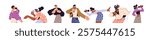 Pop singers perform with microphone in concert set. Diverse happy people sing karaoke. Vocalists, vocal performers show songs with mic on stage. Flat isolated vector illustrations on white background