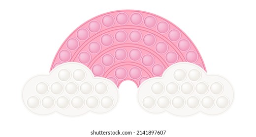 Pop it soft pink rainbow with cloud for a Valentines day as a fashionable silicon fidget toy. Addictive anti-stress cute toy in pastel colors. Bubble popit for kids. Vector illustration isolated on a