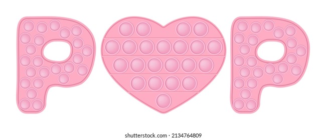 Pop it soft pink sign POP with a heart for a Valentines day as a fashionable silicon fidget toy. Addictive anti-stress cute toy in pastel colors. Vector illustration isolated on a white background.