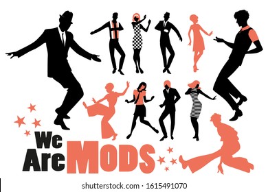 Pop and soul dance clipart collection. Set of mods and northern soul dancers isolated on white background.	