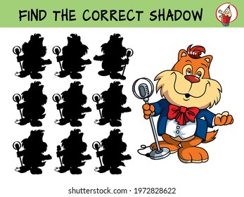 Pop star. Singing cat. Find the correct shadow. Educational game for children. Cartoon vector illustration