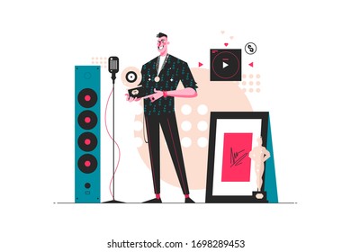 Pop stars rewards festival vector illustration. Man stands in festive hall with prize won flat style design. Art, cinema concept. Isolated on white background