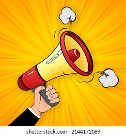 Pop style banner with megaphone on yellow background. Art collage banner. Vector background