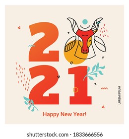 Pop style illustration with thin line bull. Social media picture for new year 2021