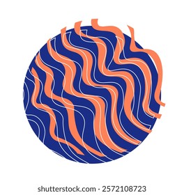 Pop style pattern. Orange and blue patterns and ornaments. Psychedelic and funky style badge. Round label or tag. Template and layout. Flat vector illustration isolated on white background