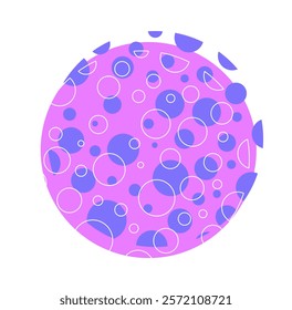 Pop style pattern. Violet and blue patterns and ornaments. Psychedelic and funky style badge. Round label or tag. Back to 80s and 90s. Flat vector illustration isolated on white background