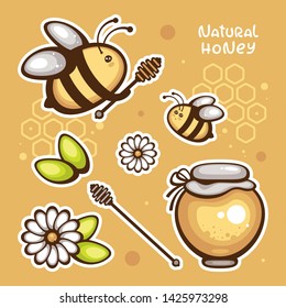 Pop style sticker set. Beekeeping Icons. Jar of honey and funny bee vector illustration. Template for logo and label.
