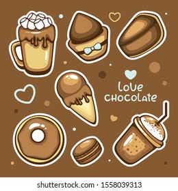 Pop style sticker set with chocolate desserts. Isolated Food objects for menu and logo. Cacao, cheesecake, ice cream, donut, muffin, milkshake and macaroon cookie. Template for pins and embroidery.