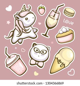 Pop style sticker set. Cute girl collection with unicorn, kitty and desserts. Template for pins and embroidery. Trendy vector illustration.