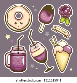 Pop style sticker set. Cute desserts and drink. Template for pins and embroidery. Trendy vector illustration.