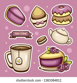 Pop style sticker set. Cute delicious desserts and tea. Template for menu and labels. Trendy vector illustration.