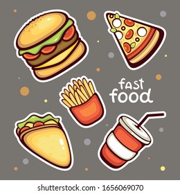 Pop style sticker set. Cute Fast food icons. Template for menu and labels. Trendy vector illustration.