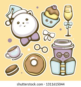 Pop style sticker set. Funny kitty, comic  characters, desserts and drinks. Template for pins and embroidery. Trendy vector illustration.