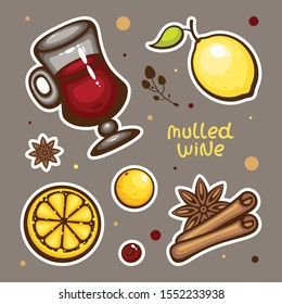 Pop style sticker set with mulled wine ingredients. Glass cup, orange, lemon and spices. Template for pins and embroidery. Hot Winter drink.
