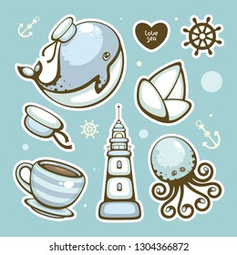 Pop style sticker set. Sea collection. Cute whale and octopus, lighthouse and marine details. Template for pins and embroidery. Trendy vector illustration.