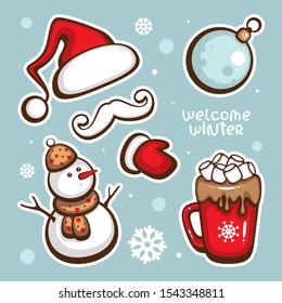 Pop style winter sticker set. Cute christmas objects. Template for pins, embroidery, new year decoration and greeting card. Trendy vector illustration.