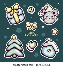 Pop style winter sticker set with Cute mouse, gift boxe, christmas tree and cozy winter house. Vector illustration for holiday decoration. Template for pins and embroidery.