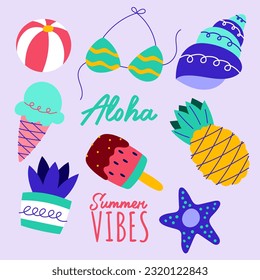 pop summertime cute sticker. Hand drawn enjoy summer cool cartoon doodle bikini, pineapple, ice cream, popsicle. bundle of exotic tropics icons, beach party, relax paradise graphic print vector