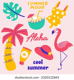 pegatina linda de verano pop. Los dibujados a mano disfrutan del fresco verano coco de doodle, traje de baño, flamingo, sombrero, palmera. conjunto de íconos tropicales exóticos, fiesta en la playa, vector de impresión gráfico del paraíso de relax