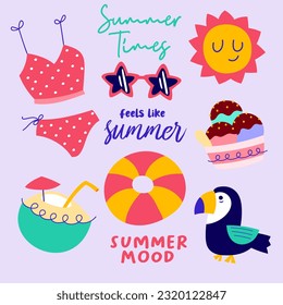 pop summertime cute sticker. Hand drawn enjoy summer cool cartoon doodle sun, glasses, ice cream, toucan, bikini. bundle of exotic tropics icons, beach party, relax paradise graphic print vector