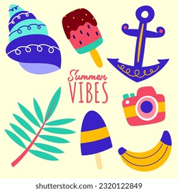 pop summertime cute sticker. Hand drawn enjoy summer cool cartoon doodle camera, shell, banana, watermelon. bundle of exotic tropics icons, beach party, relax paradise graphic print vector