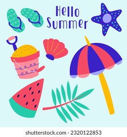 pop summertime cute sticker. Hand drawn enjoy summer cool cartoon doodle star, shell, fish, watermelon, umbrella. bundle of exotic tropics icons, beach party, relax paradise graphic print vector