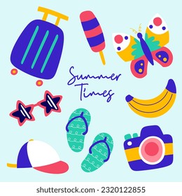 pop summertime cute sticker. Hand drawn enjoy summer cool cartoon doodle baggage, banana, sunglass, sandal, camera. bundle of exotic tropics icons, beach party, relax paradise graphic print vector