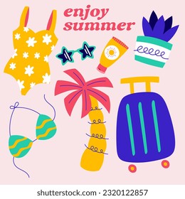 pop summertime cute sticker. Hand drawn enjoy summer cool cartoon doodle swimsuit, bikini, sun, glass, palm tree. bundle of exotic tropics icons, beach party, relax paradise graphic print vector