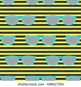Pop sunglasses retro seamless vector pattern in neon yellow and blue colors. Hipster blue eyewear on neon yellow bright and black stripe background.