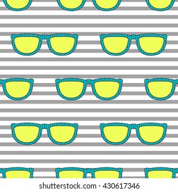 Pop sunglasses retro seamless vector pattern in neon yellow and blue colors. Hipster eyewear on grey stripe background.