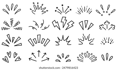 Pop Sorpresa Doodle Elementos. Rayos de sol y destellos dibujados a mano para marcos de título