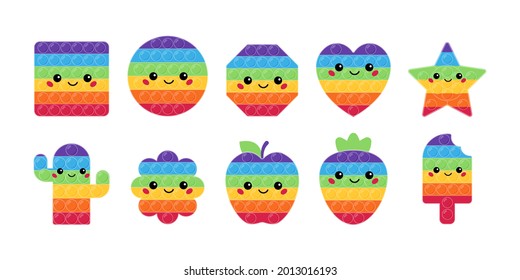 Pop it toys with funny kawaii faces. Antistress game. Sensory toy in rainbow colors. Geometric shapes, cactus, flower, apple, strawberry and ice cream. Cartoon characters. Vector illustration.