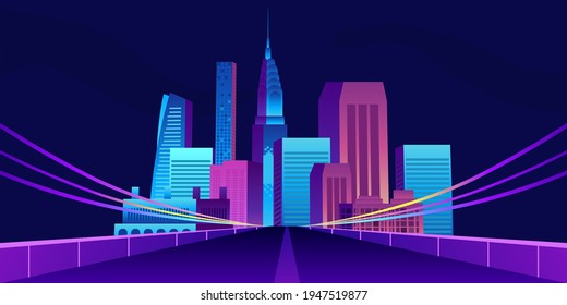 Pop trendy city building skyscraper with road street illustration for urban, retro, modern landscape with dark night background