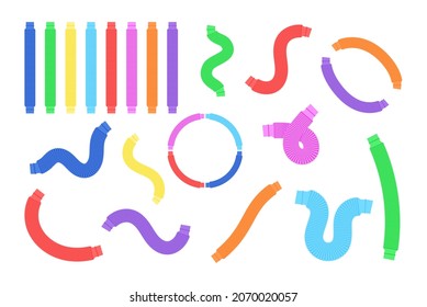 Pop tubes isolated. Trendy 2021 sensory fidgets poptubes collection. Popular antistress toys for children. Vector set illustration.