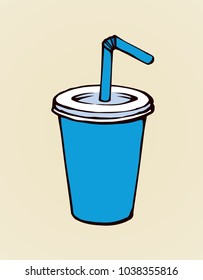 Pop vibrant blue plastic tare of tasty fizzy cool ice sweet gas softdrink coctail on white background. Bright color hand drawn mug logo sketch in art doodle style. Close up with space for text on labe